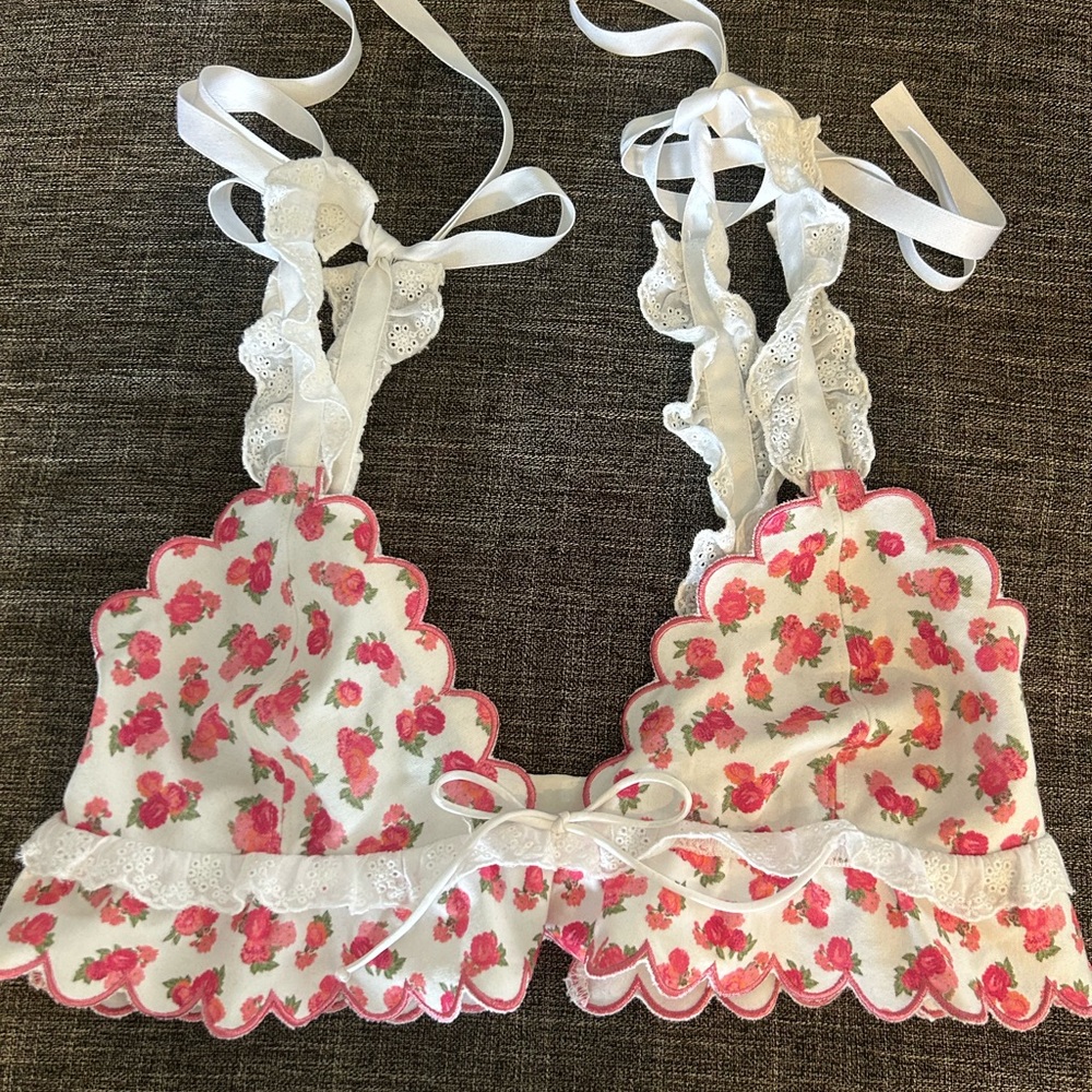 For Love and Lemons Floral Lace Trim Bralette - White and Pink, Small